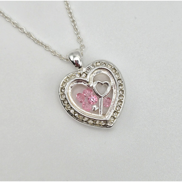 Heart Necklace Silvertone Keepsake Pendant Pink White Rhinestone Dainty Twee NEW - Picture 4 of 12